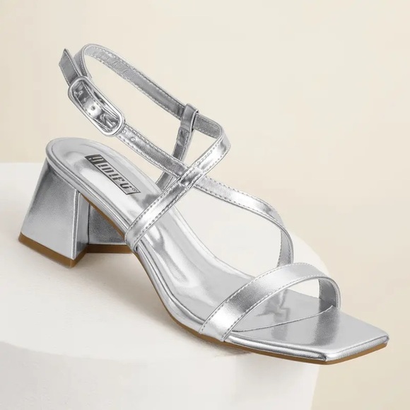 Silver Strappy Block Heel Sandals - Picture 1 of 10